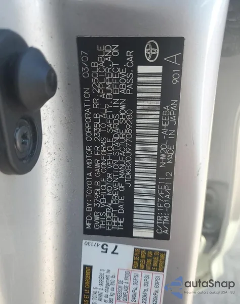 2007 Toyota Prius from USA, damaged, VIN JTDKB20U977089280